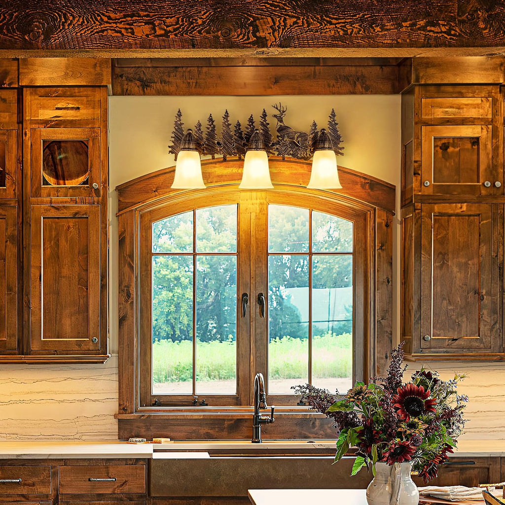 TOCHIC Rustic Bathroom Vanity Light Over Mirror, 3 Lights Farmhouse Bathroom Light Fixtures, Western Moose Sconces Bath Vanity Wall Lighting for Mirror Cabinets, Powder Room, Living Room, 24' L