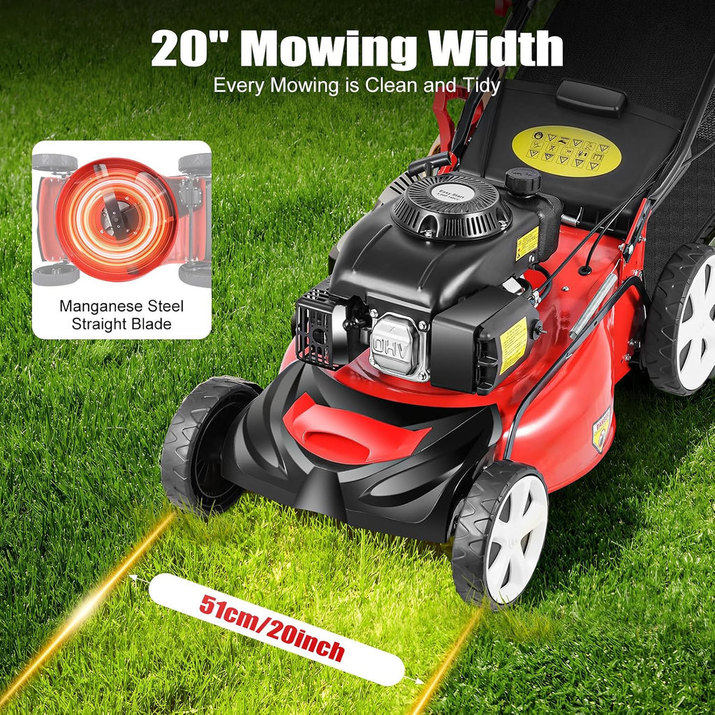 Gas Powered Lawn Mower, 20 Inch 140CC Walk-Behind Push Mower Height Adjustable Push Lawnmower for Outdoor Yards, Red/Black