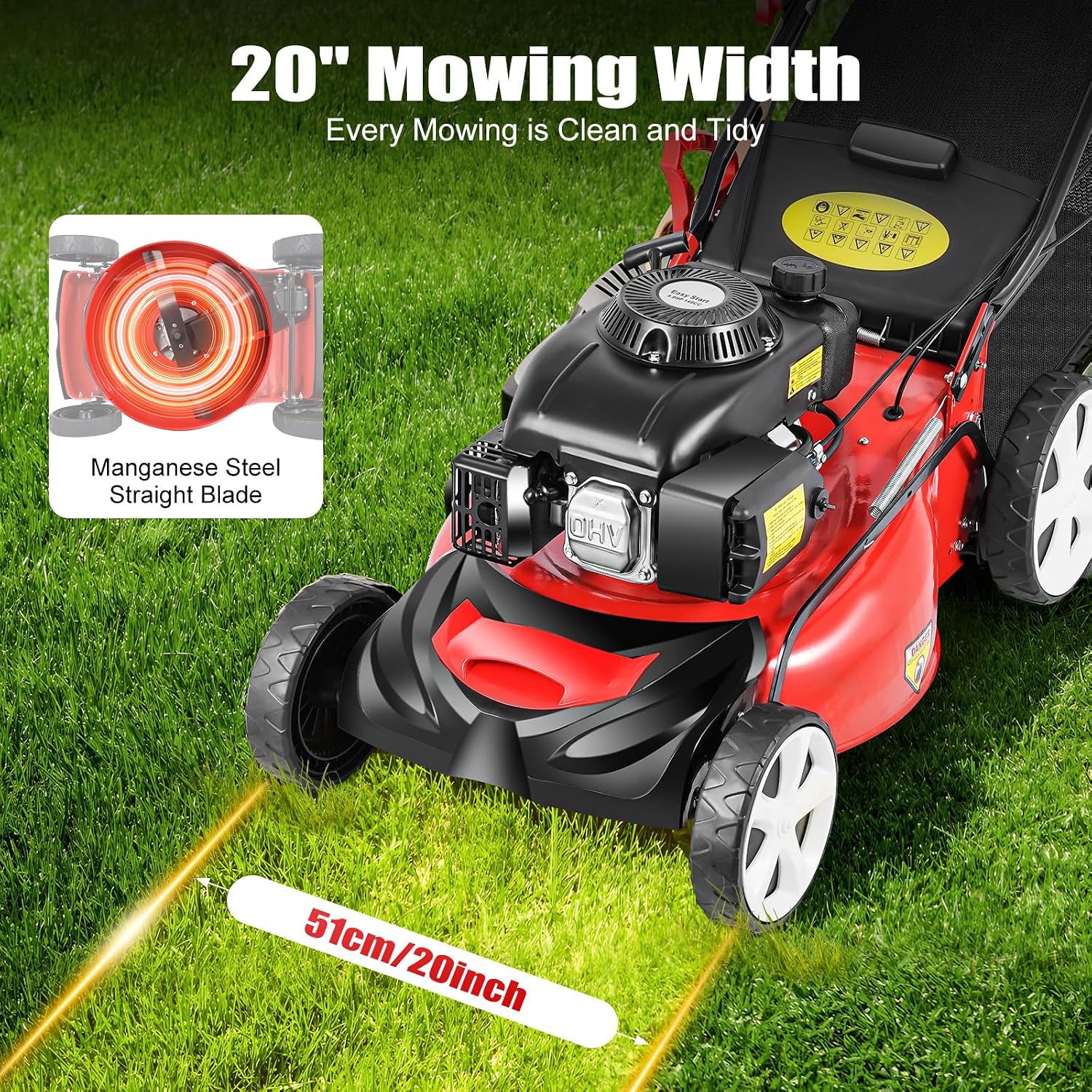 Gas Powered Lawn Mower, 20 Inch 140CC Walk-Behind Push Mower Height Adjustable Push Lawnmower for Outdoor Yards, Red/Black